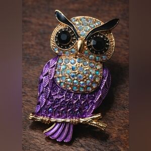 Purple & Golden, Mint Colorful Crystal Owl Brooch, Chunky.